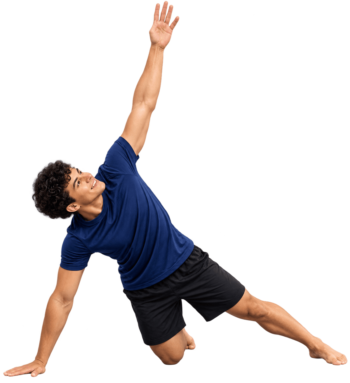 Man in a navy shirt doing a supported kneeling side stretch with one arm raised